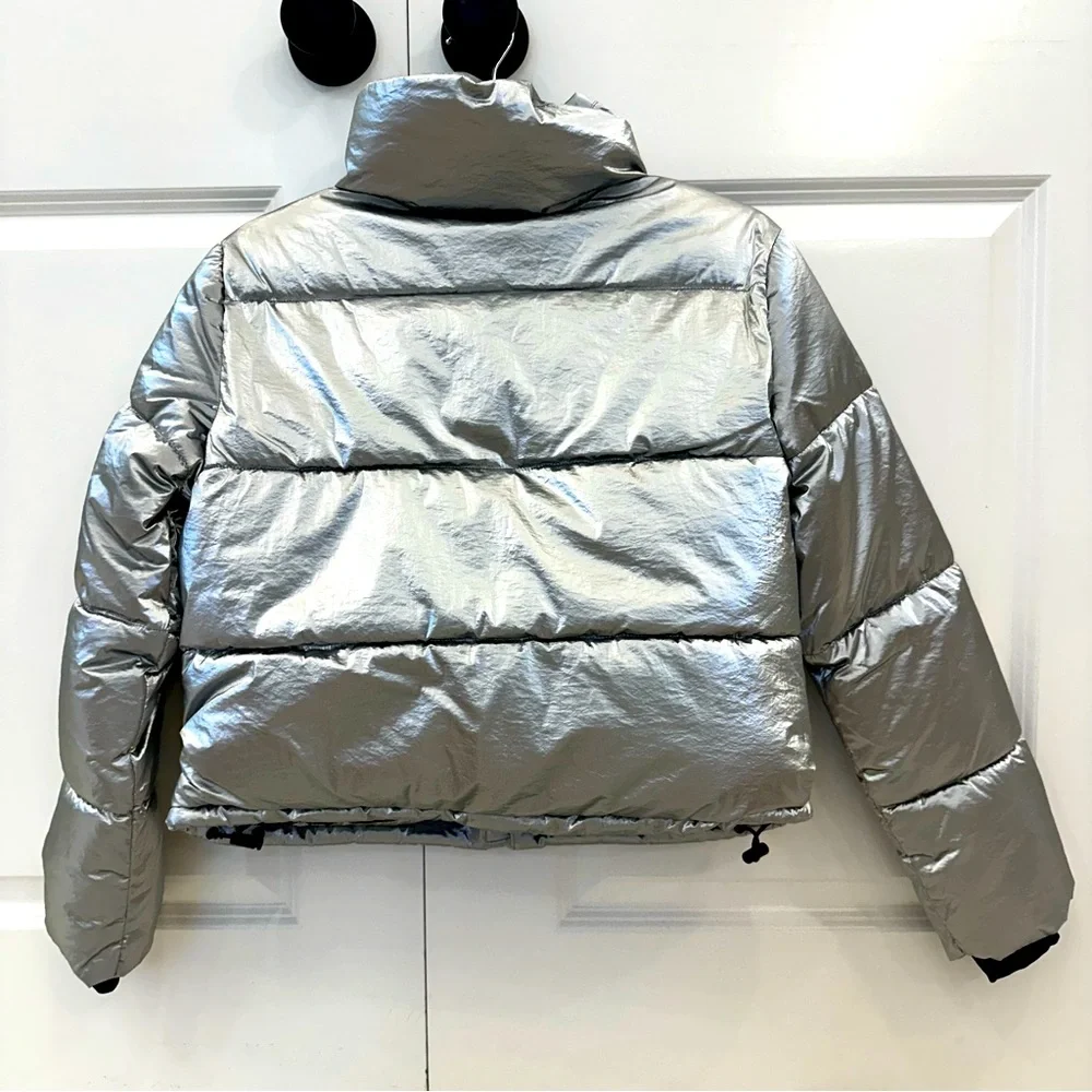 GAP Silver Metallic Crop Puffer Jacket Petite XS Y2K NEW w/ TAGS - Picture 5 of 16